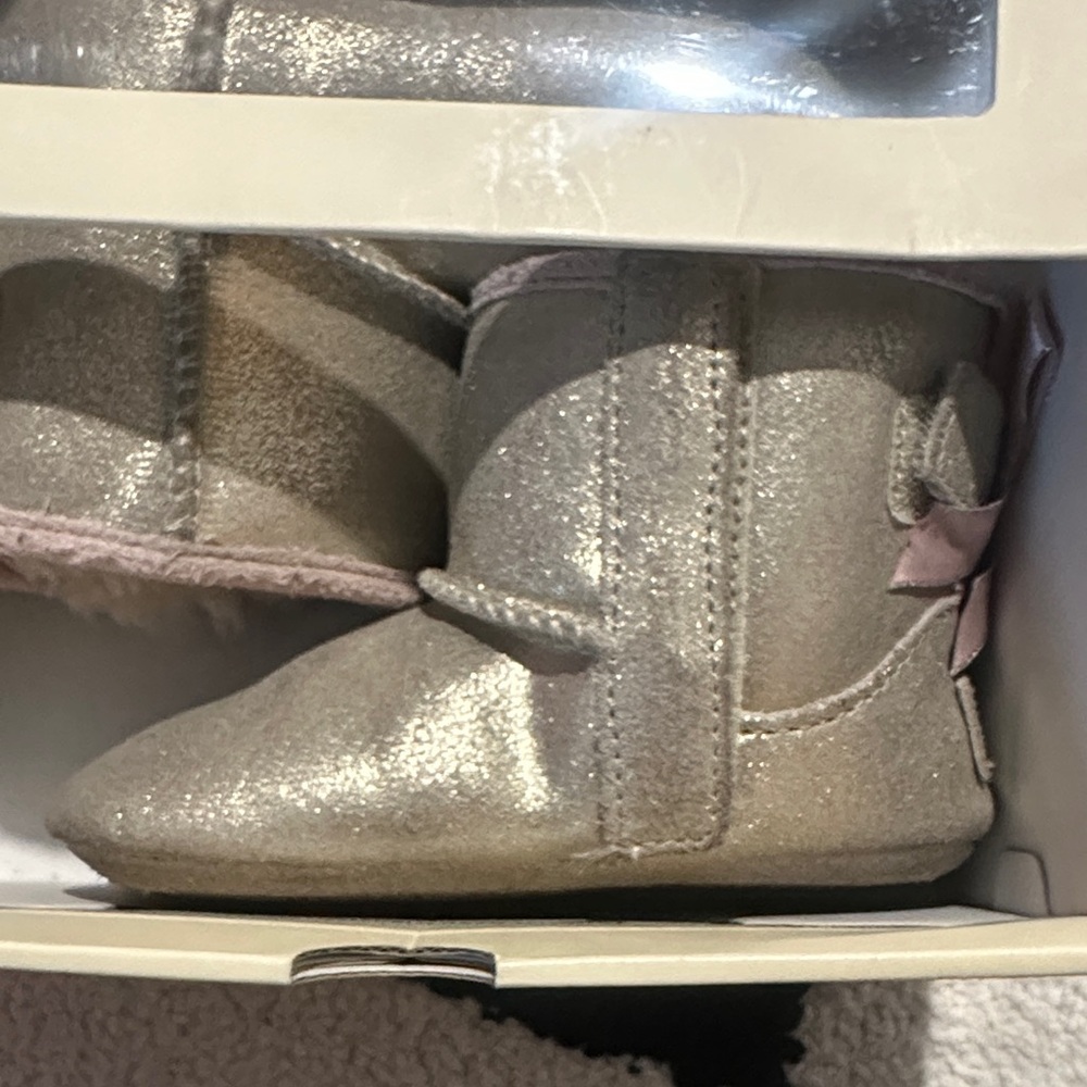 UGG Metallic Baby Booties with Pink Ribbon